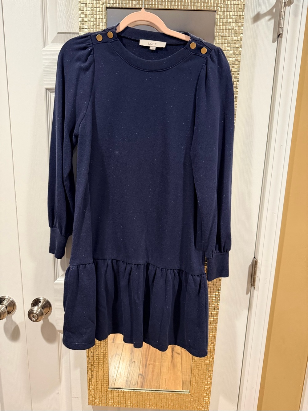LOFT Navy Blue Long Sleeve Ruffle-Hem Woman’s Dress